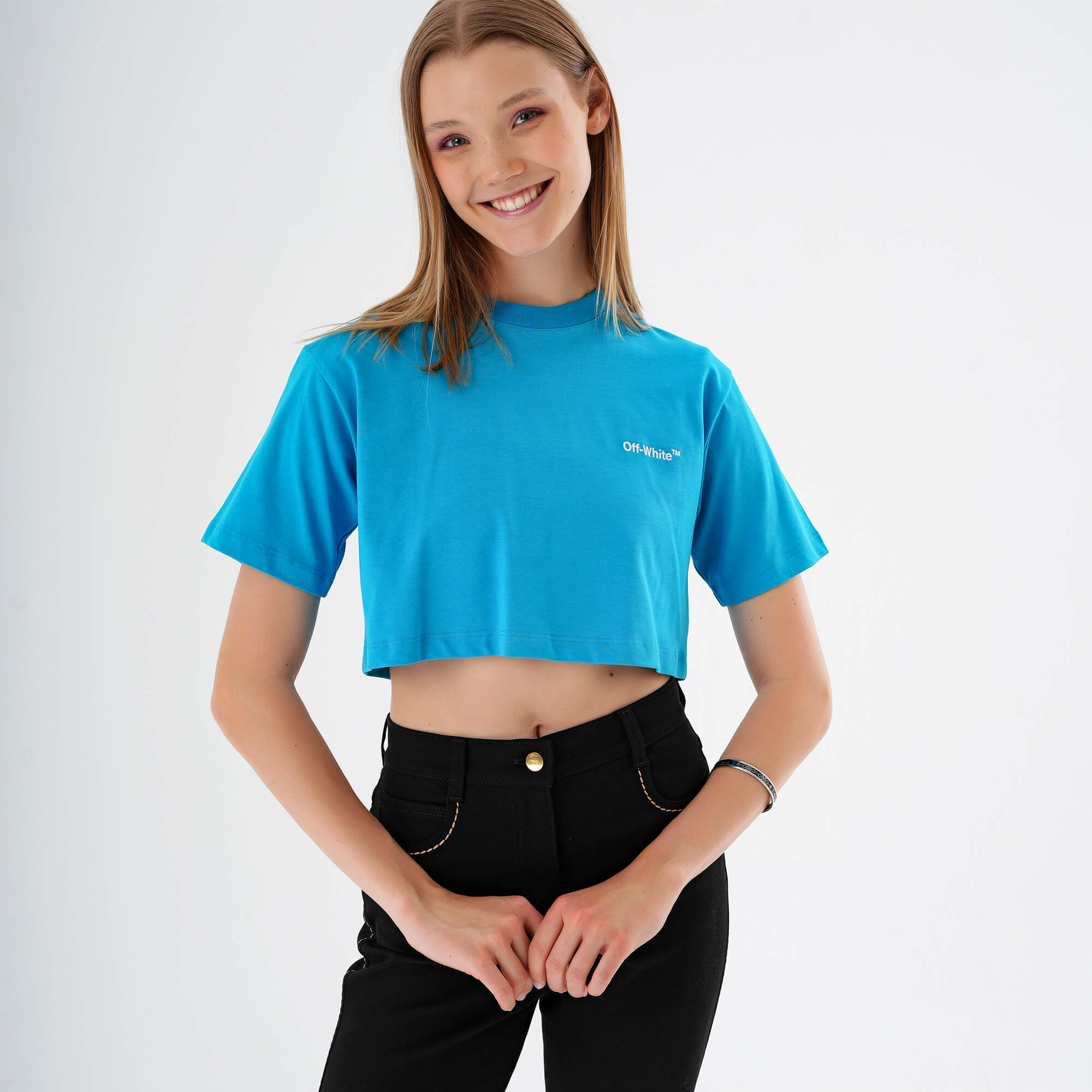 Off White - Blue Logo Printed  Cropped Tshirt M